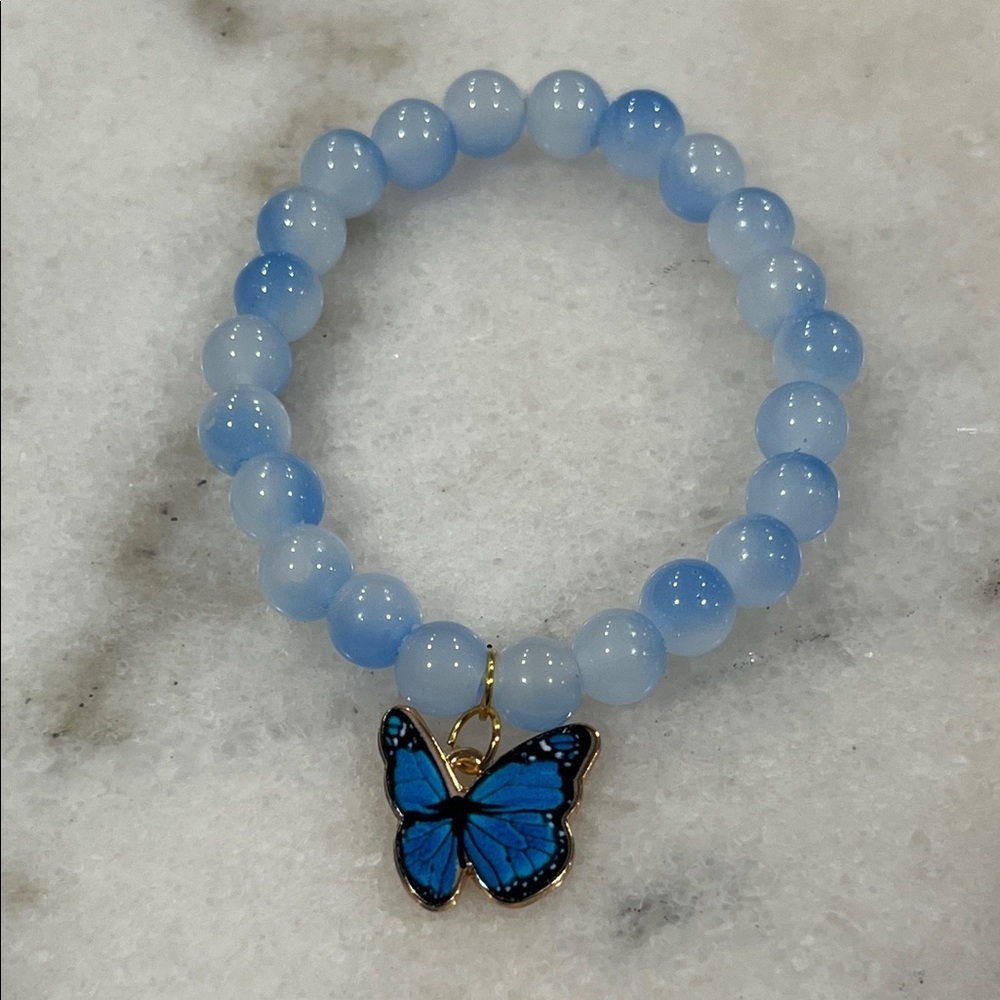 Blue Beaded Bracelet with Butterfly Charm